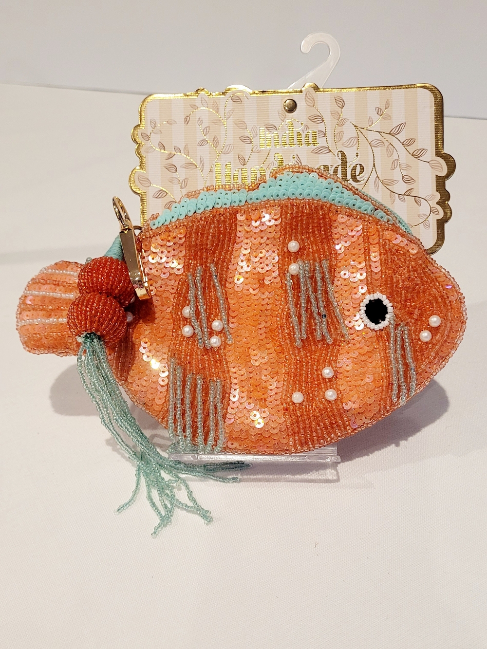Sequin Hand Beaded Orange Fish Coin Purse